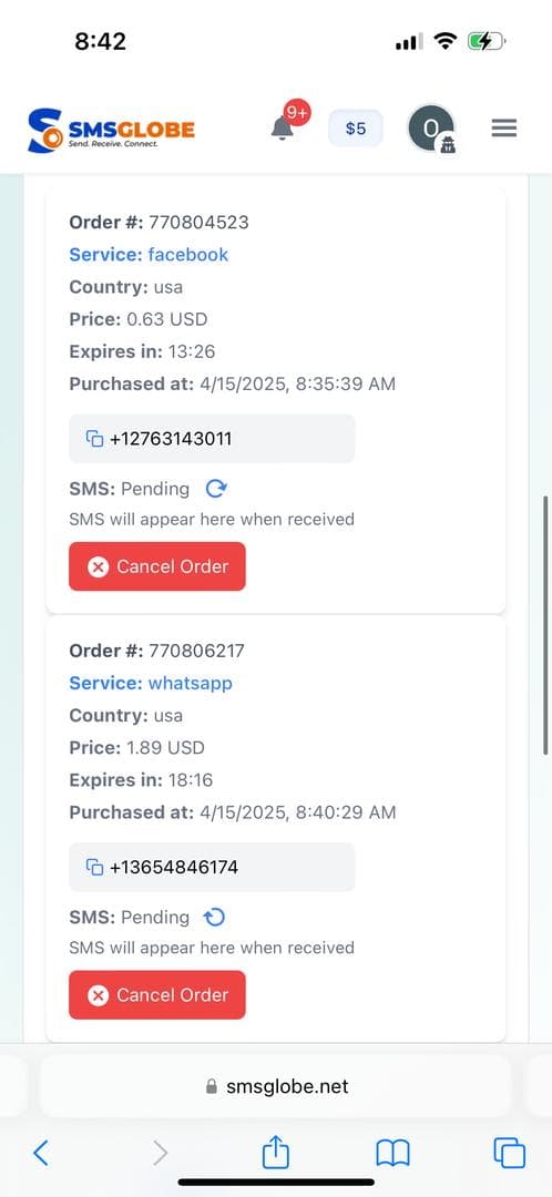 Active Facebook and WhatsApp orders